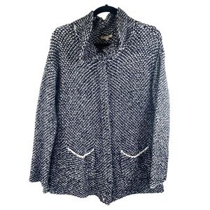 Eileen Fisher black and white chunky knit cardigan with stand up collar‎